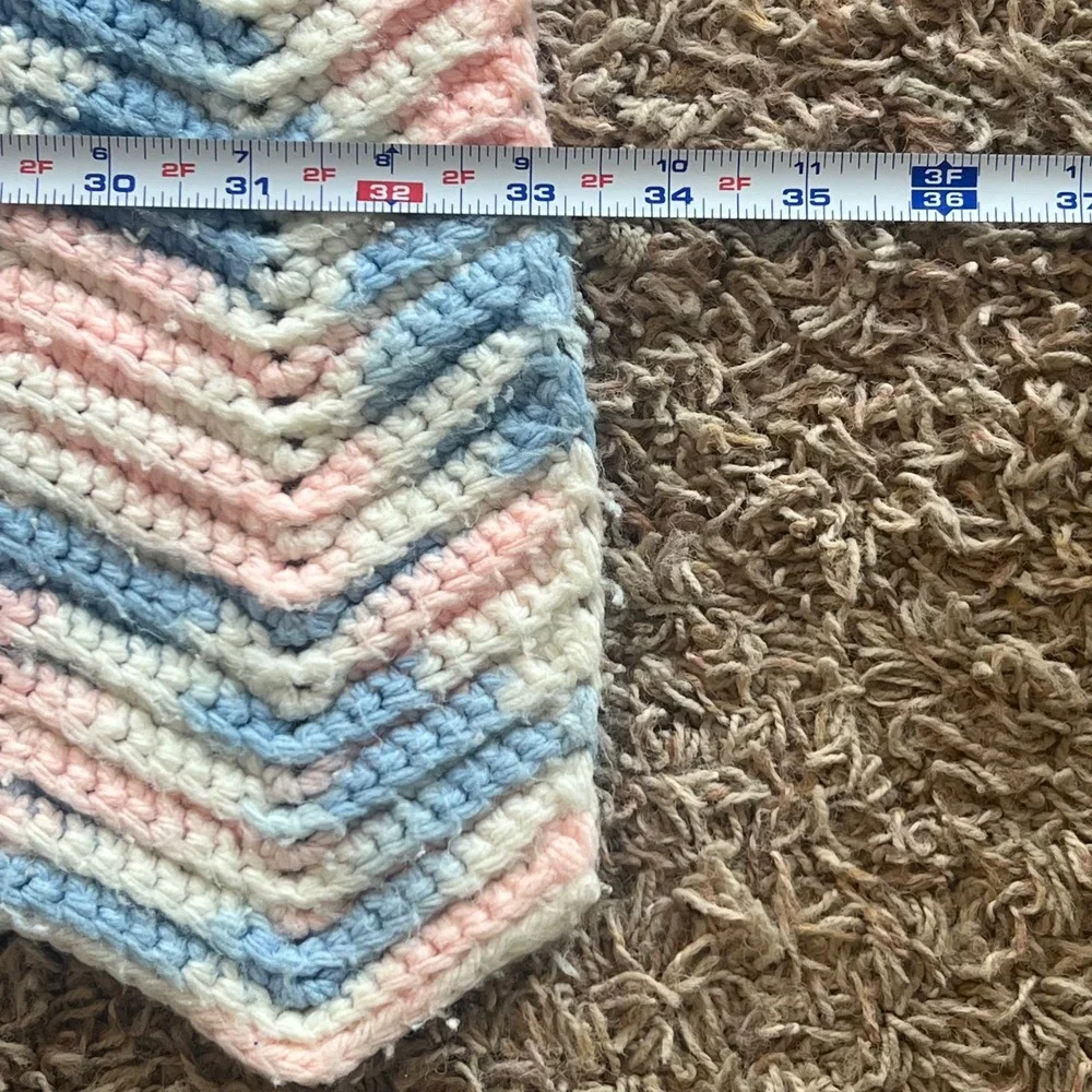 Handmade Crochet Baby Blanket Pink Blue White Chevron Ripple Afghan 42x33